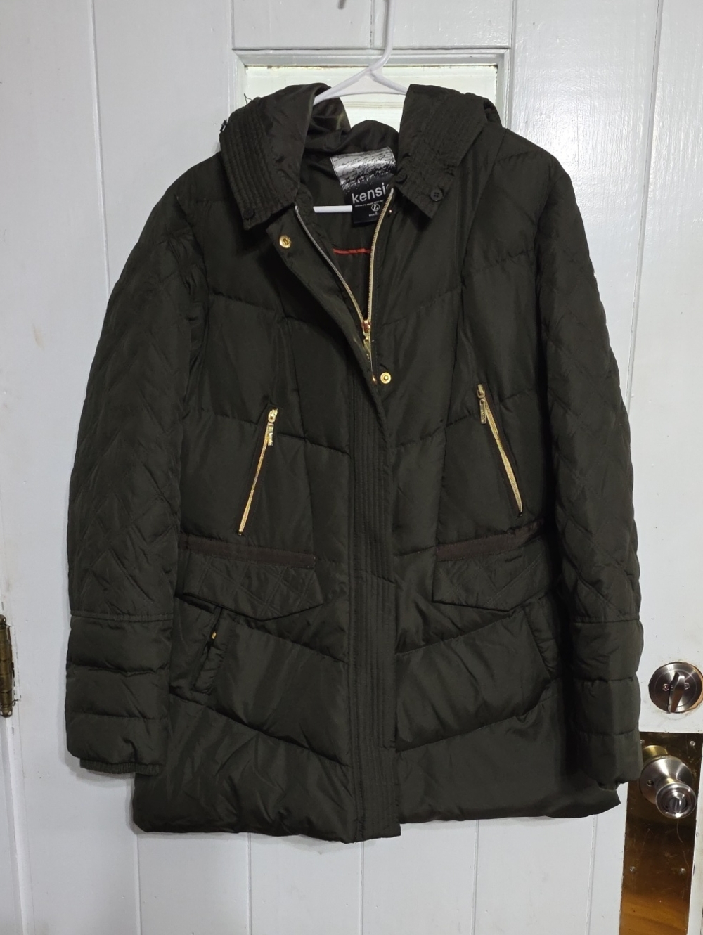 Kensie Quilted Puffer Hooded Jacket Women's Dark Green Zip Pockets Sz L EUC